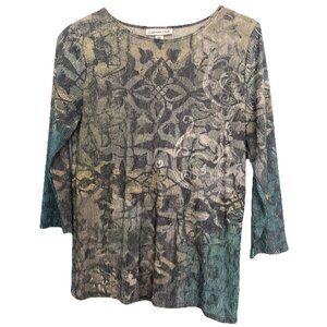 Coldwater Creek Women's Aqua & Beige Floral 3/4 Sleeve Stretchy Knit Sz. Small